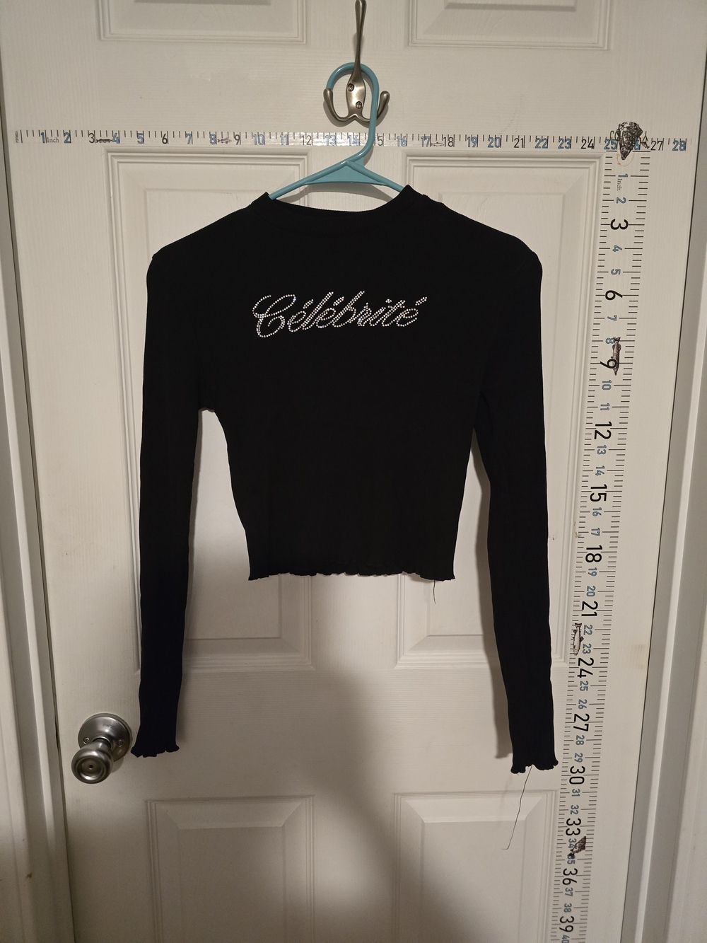 H&M Black Long-Sleeve Rhinestone Logo Crop Top
